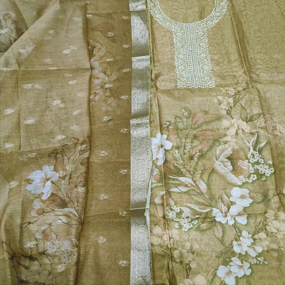 CODE FB252508: Mehandhi yellow with golden tint digital printed tissue silk cotton unstitched salwar material