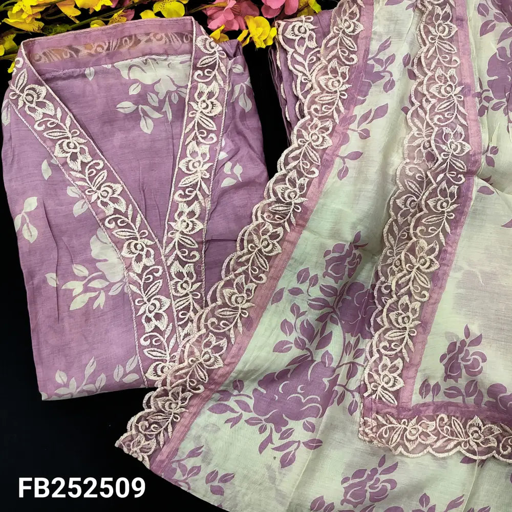 CODE FB252509: Light lavender pure maslin silk unstitched salwar material collared v neck with embroidered(thin lining