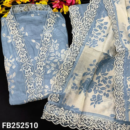 CODE FB252510: Bluish grey pure maslin silk unstitched salwar material collared v neck with embroidered(thin fabric