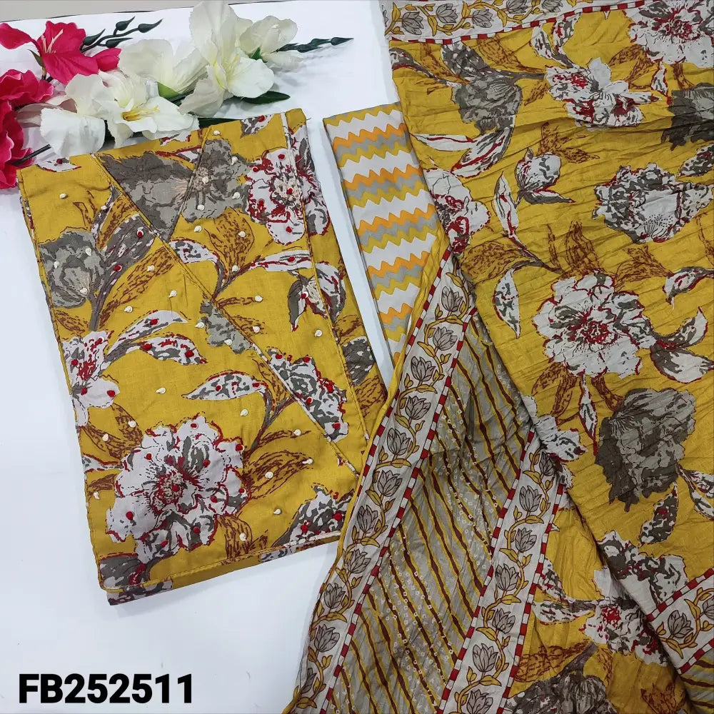 CODE FB252511: Mehandhi yellow printed pure cotton unstitched salwar material thread& sequins work on yoke(lining