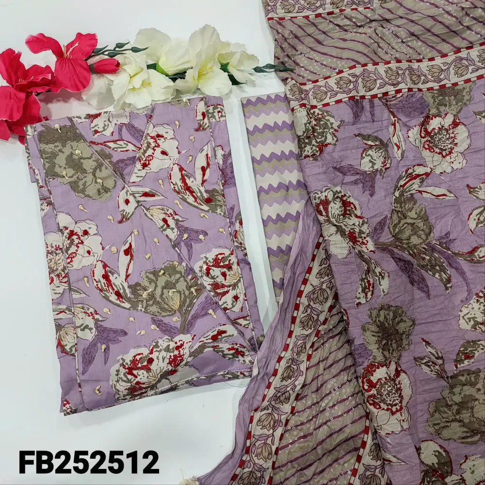 CODE FB252512: Light purple printed pure cotton unstitched salwar material thread& sequins work on yoke(lining