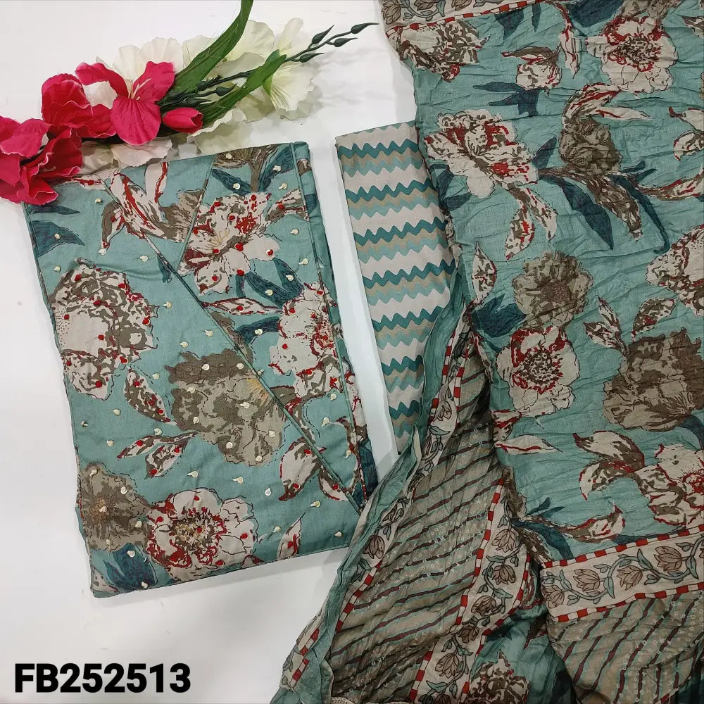 CODE FB252513: Light blue printed pure cotton unstitched salwar material thread& sequins work on yoke(lining