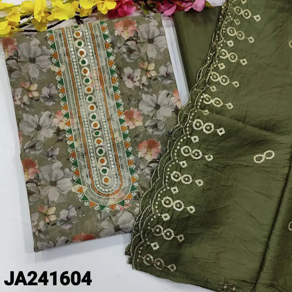 CODE JA241604: Light olive green with golden tint tissue silk cotton unstitched salwar material,sequins and thread work