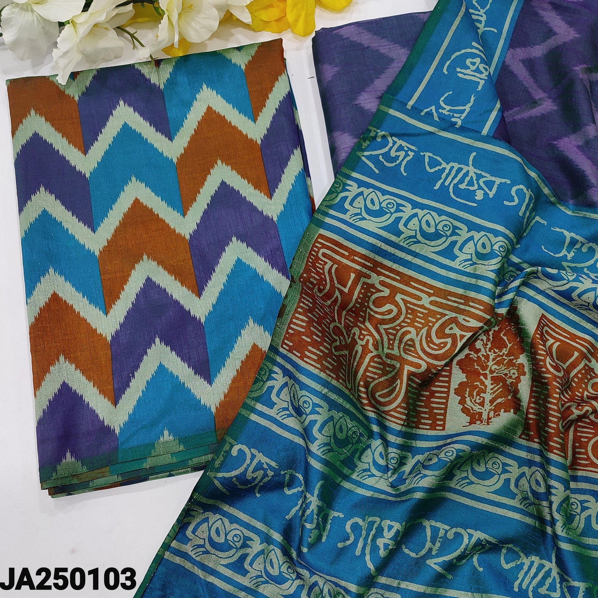 CODE JA250103: Multi color ikat printed fancy silk unstitched salwar material(silky fabric lining needed)ikat printed