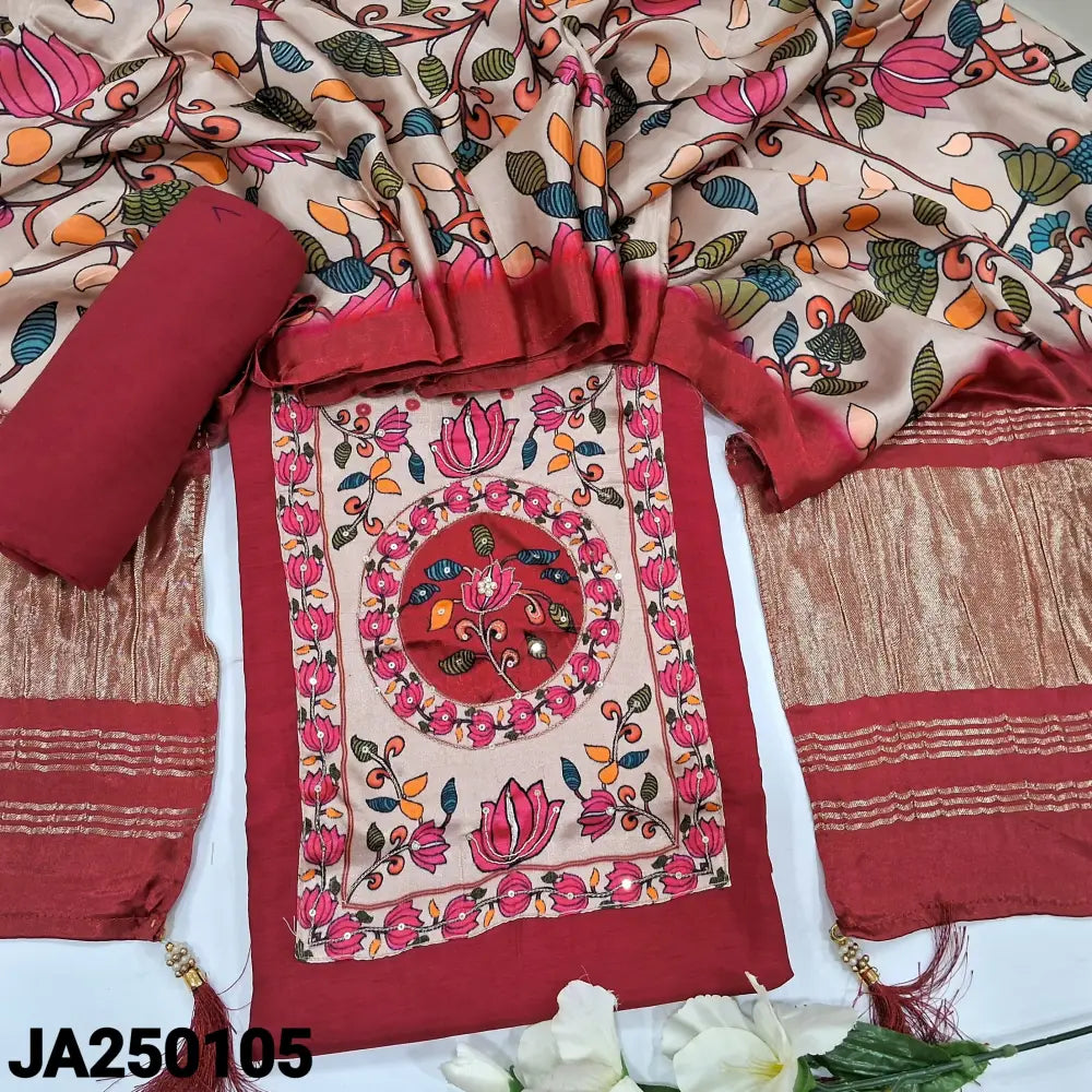 CODE JA250105: Reddish maroon pure dola silk unstitched salwar material pure gajji silk yoke with zari& sequins