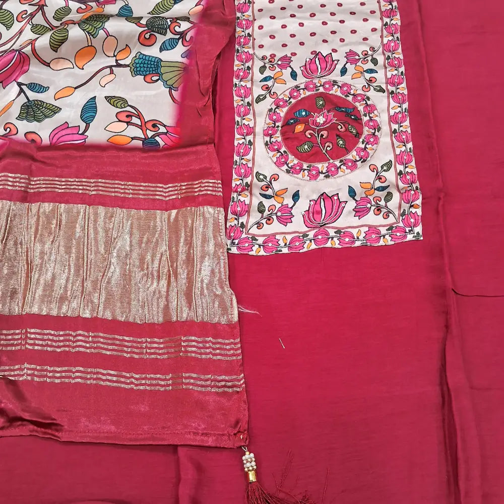 CODE JA250105: Reddish maroon pure dola silk unstitched salwar material pure gajji silk yoke with zari& sequins