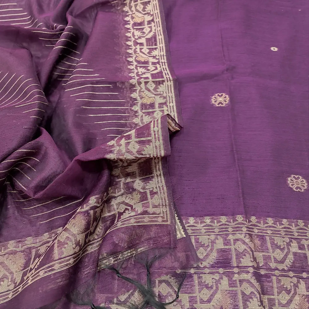 CODE JA250106: Dark purple jamdani woven premium silk cotton unstitched salwar material(thin fabric lining