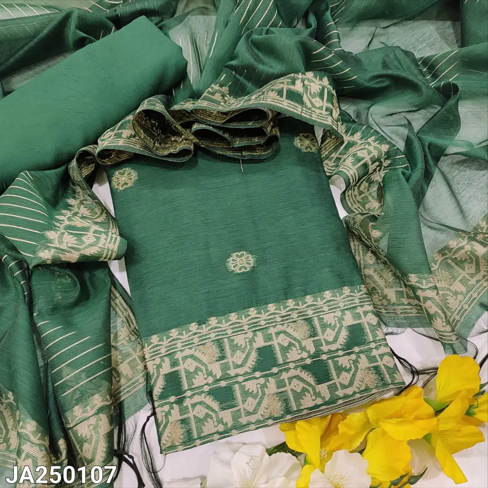 CODE JA250107: Bottle green jamdani woven premium silk cotton unstitched salwar material(thin fabric lining
