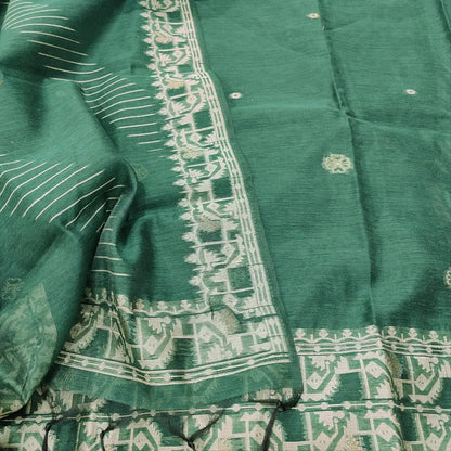 CODE JA250107: Bottle green jamdani woven premium silk cotton unstitched salwar material(thin fabric lining