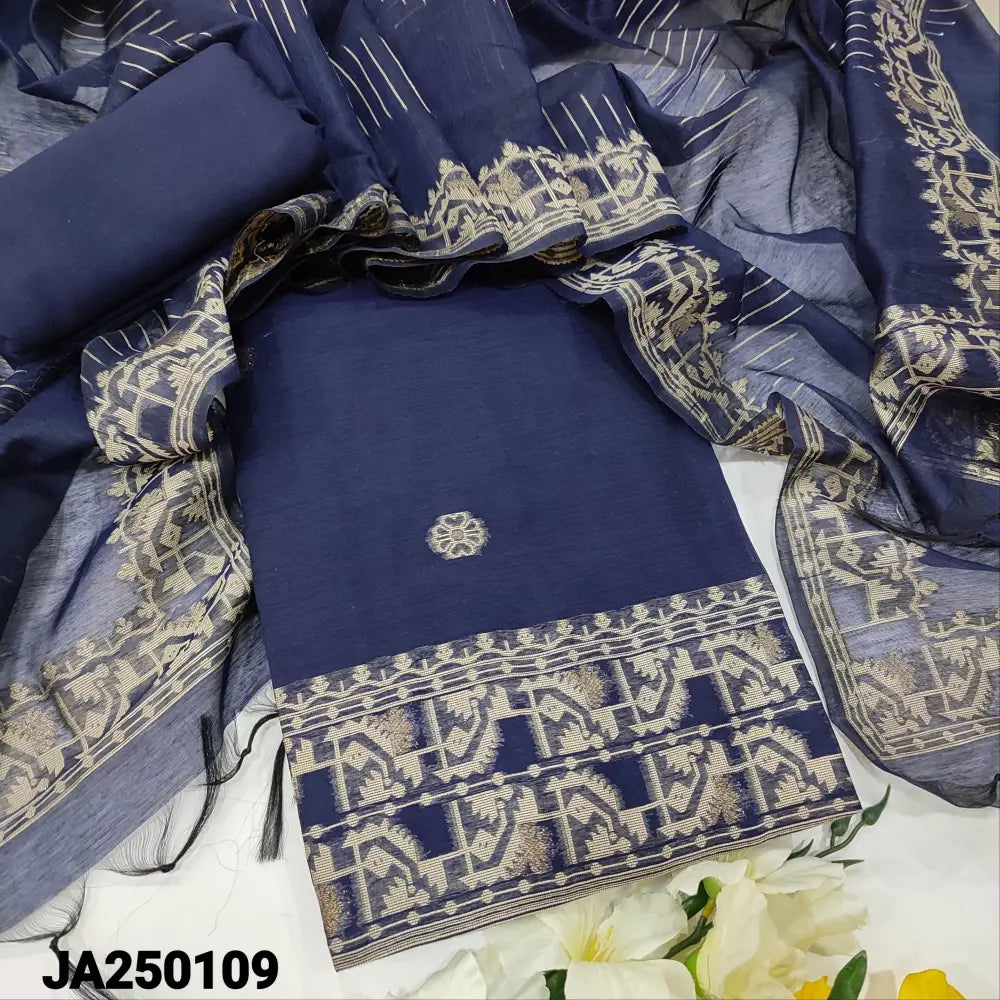 CODE JA250109: Dark blue jamdani woven premium silk cotton unstitched salwar material(thin fabric lining