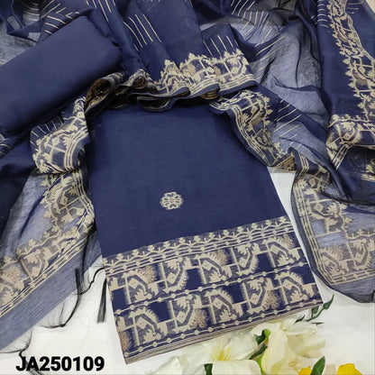CODE JA250109: Dark blue jamdani woven premium silk cotton unstitched salwar material(thin fabric lining