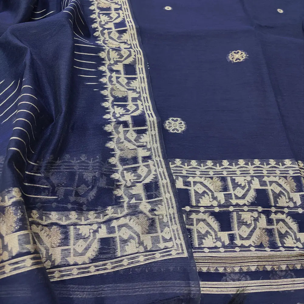CODE JA250109: Dark blue jamdani woven premium silk cotton unstitched salwar material(thin fabric lining