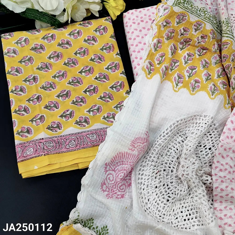 CODE JA250112: Yellow hand block printed pure cotton unstitched salwar material(lining needed)printed cotton bottom