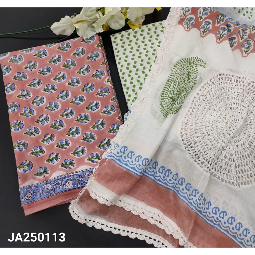 CODE JA250113: Light peachish pink hand block printed pure cotton unstitched salwar material(lining needed)printed