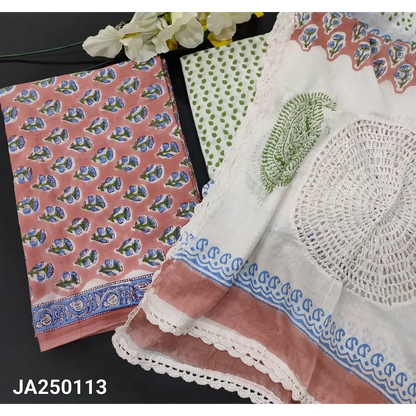 CODE JA250113: Light peachish pink hand block printed pure cotton unstitched salwar material(lining needed)printed
