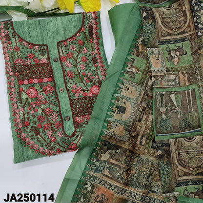 CODE JA250114: Green designer digital printed silk cotton unstitched salwar material heavy hand embroidered