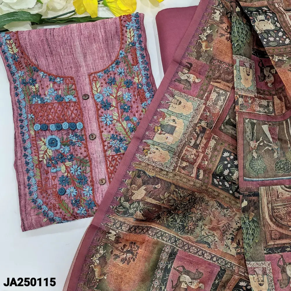 CODE JA250115: Light beetroot purple designer digital printed silk cotton unstitched salwar material heavy hand