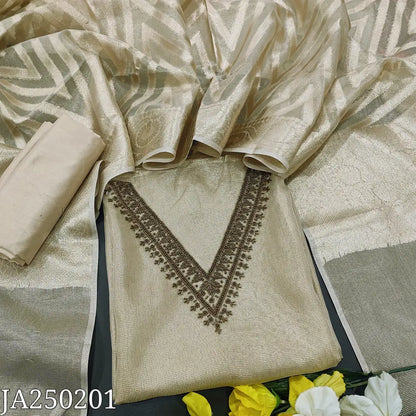CODE JA250201: Golden beige premium tissue silk cotton unstitched salwar material v neck with bead work(thin fabric