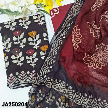 CODE JA250204: Black original wax batik dyed premium satin cotton unstitched salwar material zari& faux mirror work