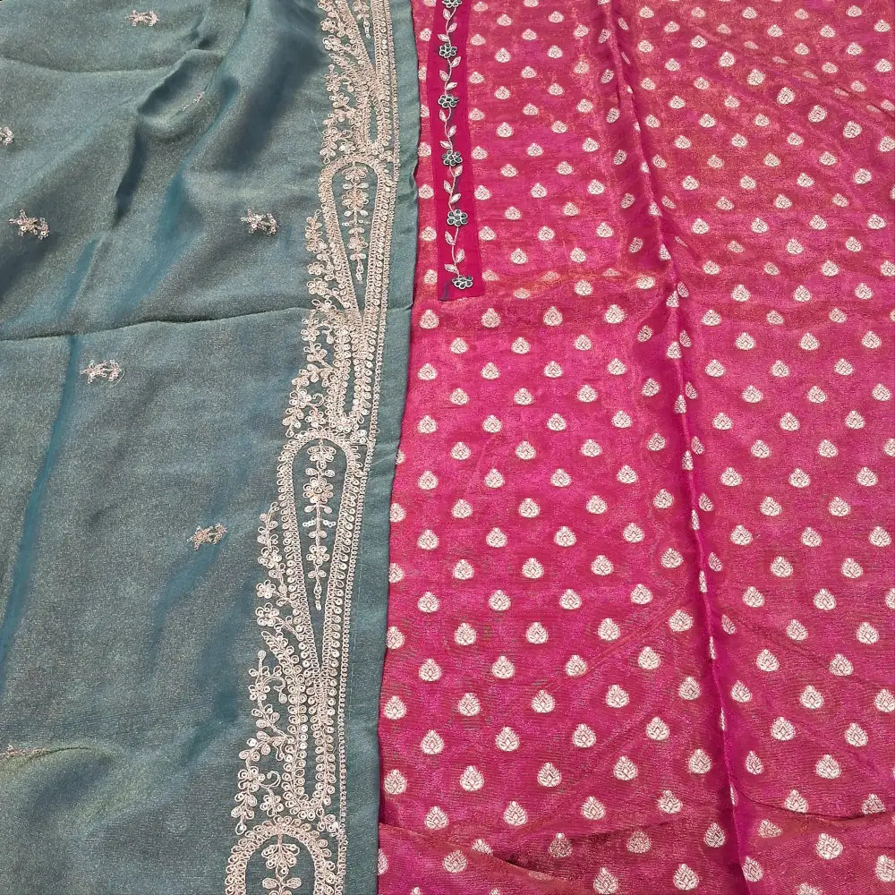 CODE JA250210: Bright pink designer tissue organza silk unstitched salwar material zardozi &thread work on yoke zari