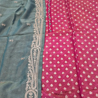 CODE JA250210: Bright pink designer tissue organza silk unstitched salwar material zardozi &thread work on yoke zari