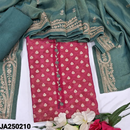 CODE JA250210: Bright pink designer tissue organza silk unstitched salwar material zardozi &thread work on yoke zari