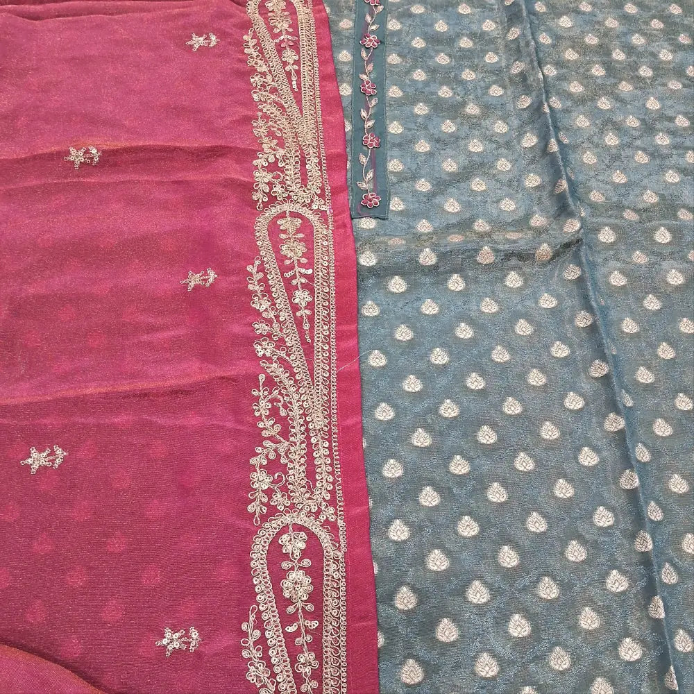 CODE JA250212: Light teal blue designer tissue organza silk unstitched salwar material zardozi &thread work on yoke