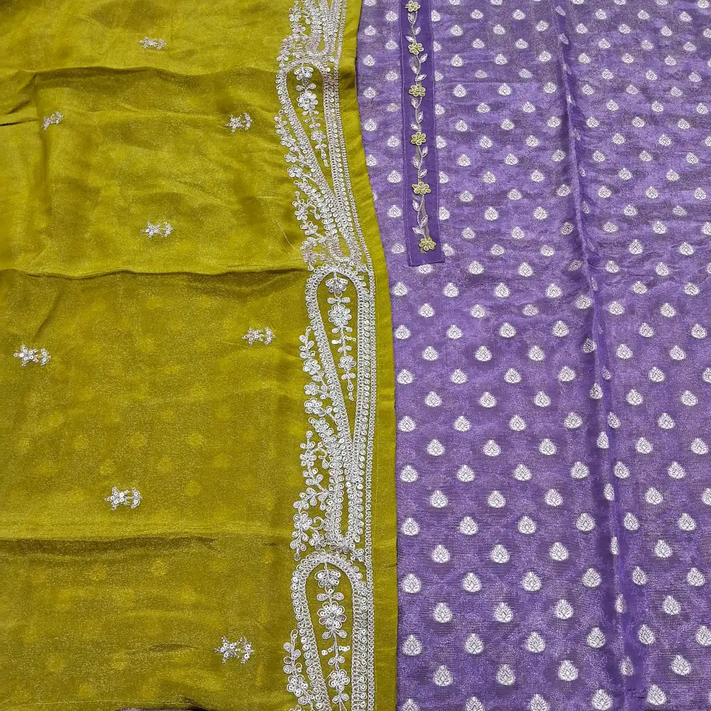 CODE JA250213: Purple designer tissue organza silk unstitched salwar material zardozi &thread work on yoke zari buttas