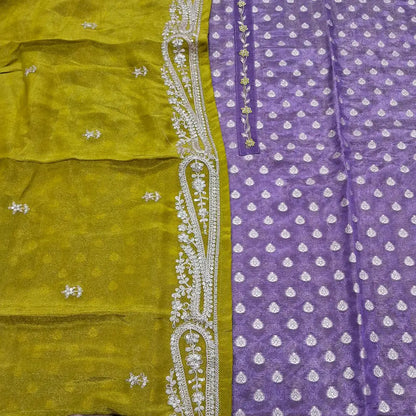 CODE JA250213: Purple designer tissue organza silk unstitched salwar material zardozi &thread work on yoke zari buttas