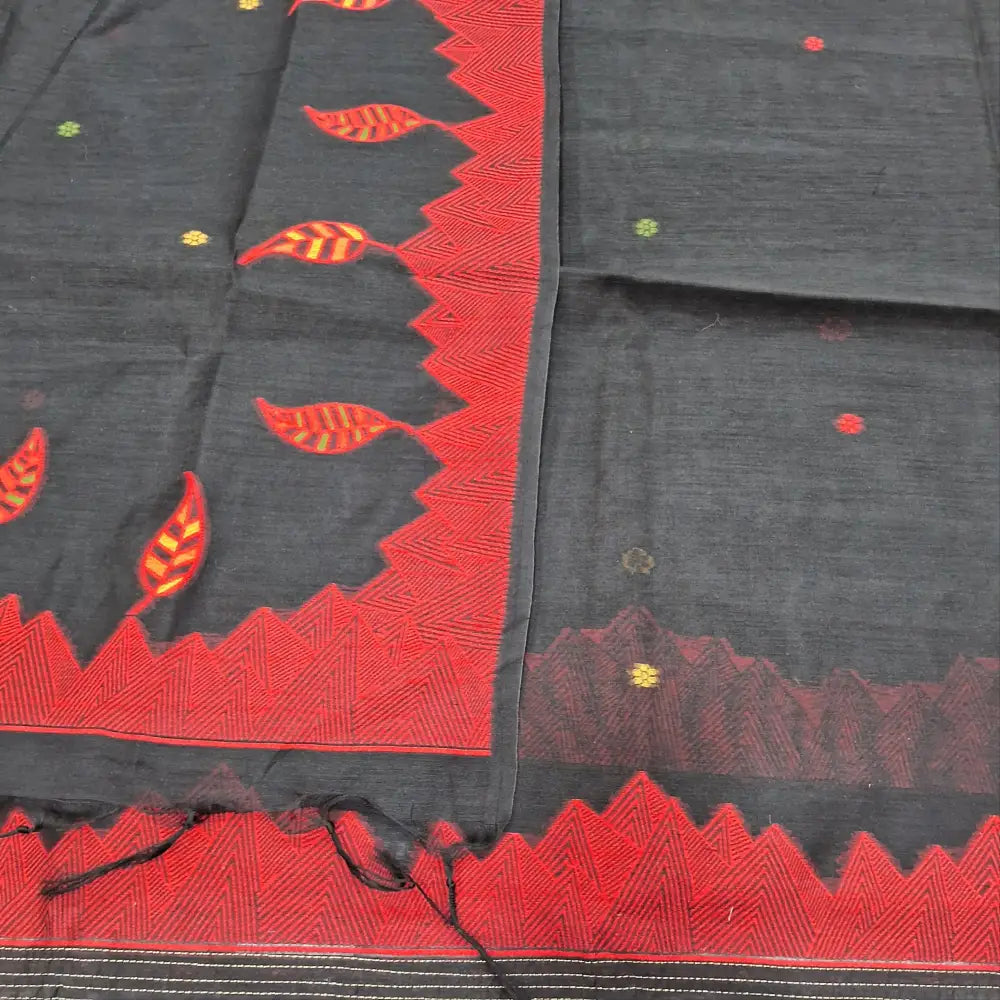 CODE JA250214: Black jamdani woven premium silk cotton unstitched salwar material(thin fabric lining needed)red silk