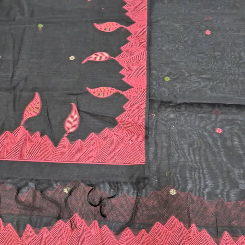 CODE JA250216: Black jamdani woven premium silk cotton unstitched salwar material(thin fabric lining needed)pink silk