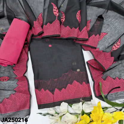CODE JA250216: Black jamdani woven premium silk cotton unstitched salwar material(thin fabric lining needed)pink silk