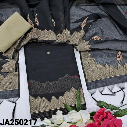 CODE JA250217: Black jamdani woven premium silk cotton unstitched salwar material(thin fabric lining needed)light beige