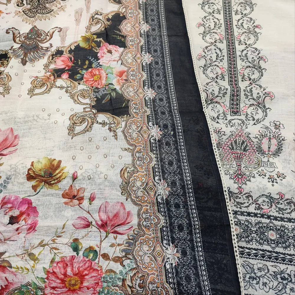 CODE JA250302: Half white base printed semi linen unstitched salwar material bead work on front(thin fabric lining