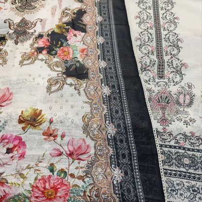 CODE JA250302: Half white base printed semi linen unstitched salwar material bead work on front(thin fabric lining