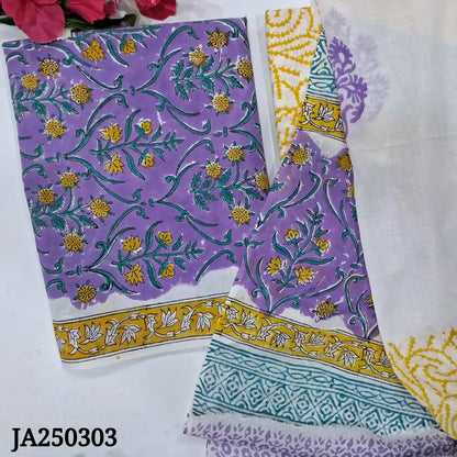 CODE JA250303: Purple hand block printed premium soft cotton unstitched salwar material(lining needed)hand block