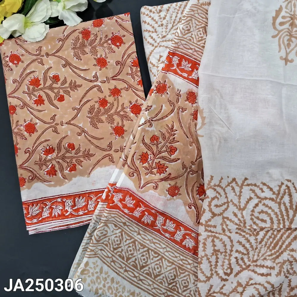 CODE JA250306: Dark beige hand block printed premium soft cotton unstitched salwar material(lining needed)hand block