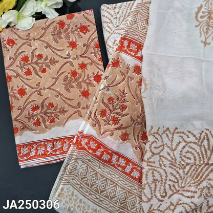 CODE JA250306: Dark beige hand block printed premium soft cotton unstitched salwar material(lining needed)hand block