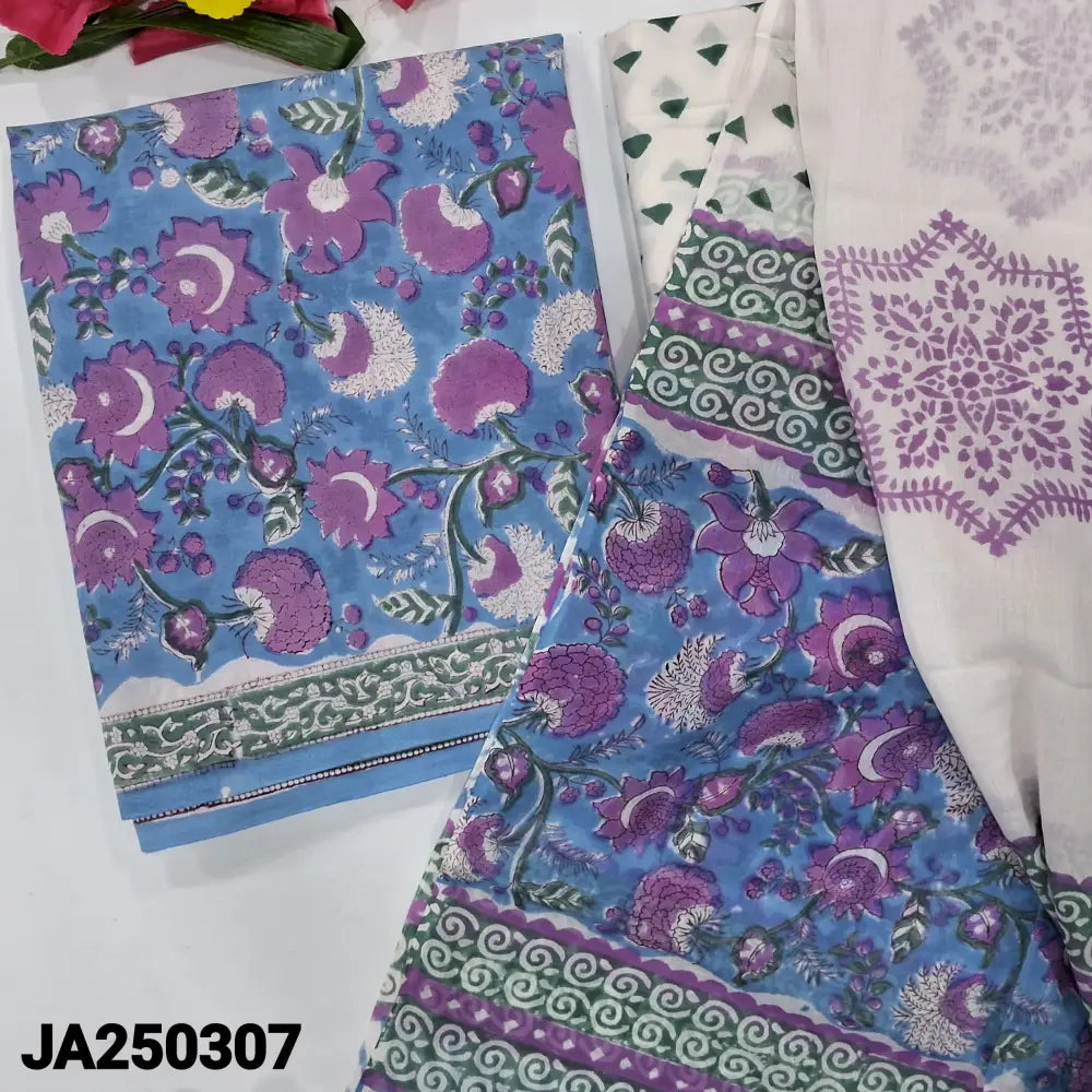 CODE JA250307: blue hand block printed premium soft cotton unstitched salwar material(lining needed)hand block printed