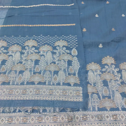 CODE JA250315: Bluish grey jamdani woven premium silk cotton unstitched salwar material(thin fabric lining