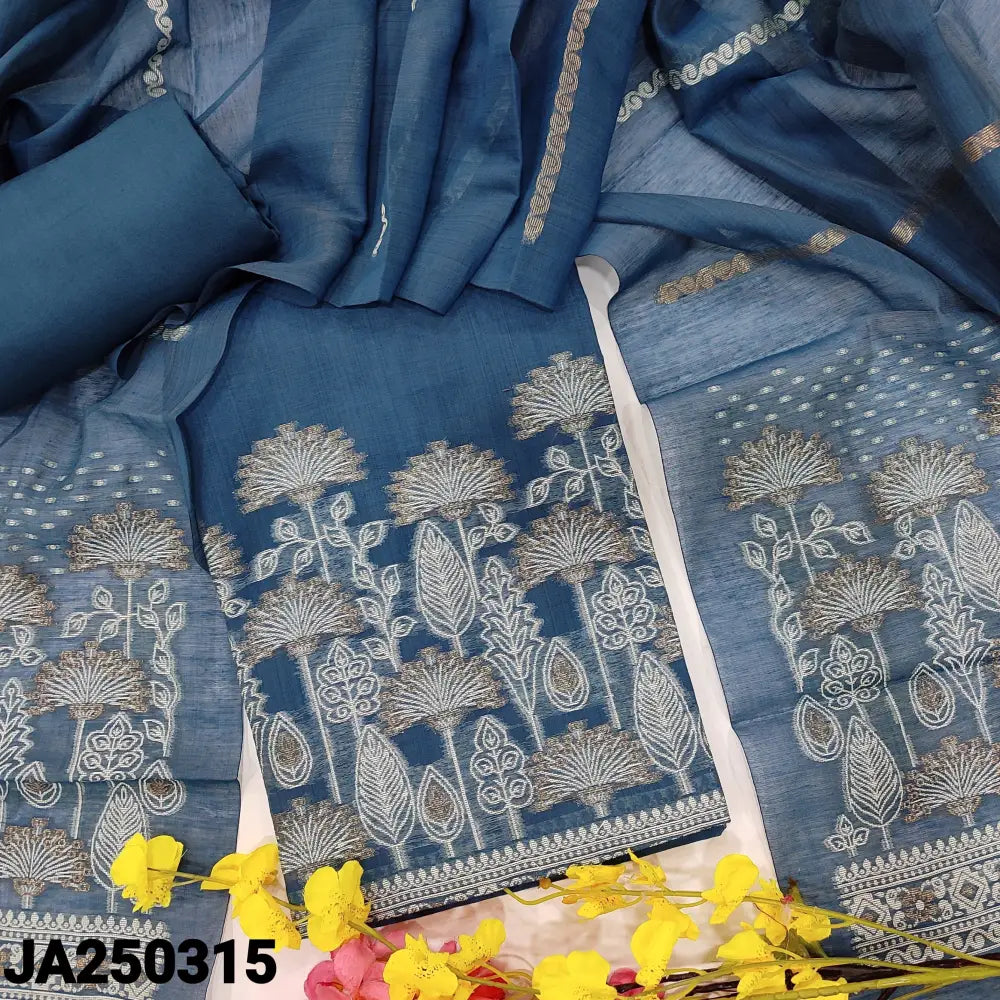 CODE JA250315: Bluish grey jamdani woven premium silk cotton unstitched salwar material(thin fabric lining
