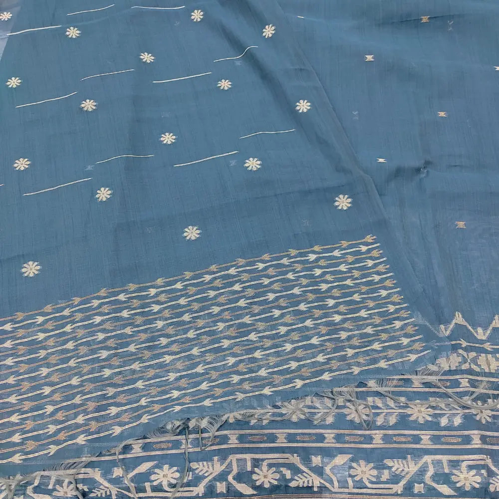 CODE JA250316: Bluish grey jamdani woven premium silk cotton unstitched salwar material(thin fabric lining