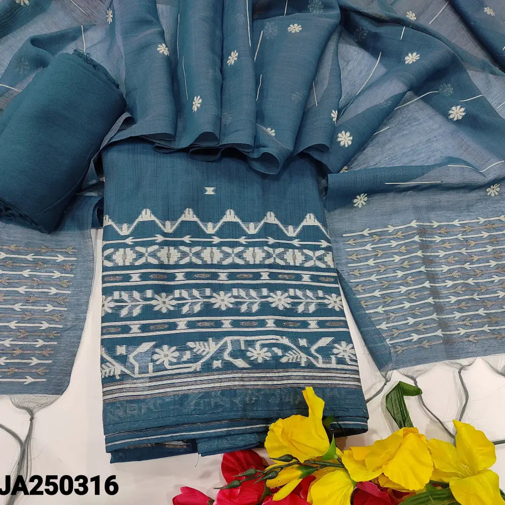 CODE JA250316: Bluish grey jamdani woven premium silk cotton unstitched salwar material(thin fabric lining
