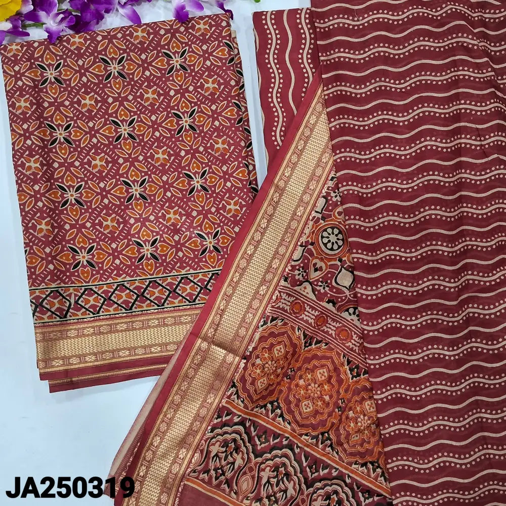 CODE JA250319: Maroon printed pure cotton unstitched salwar material(lining needed)printed cotton bottom printed pure