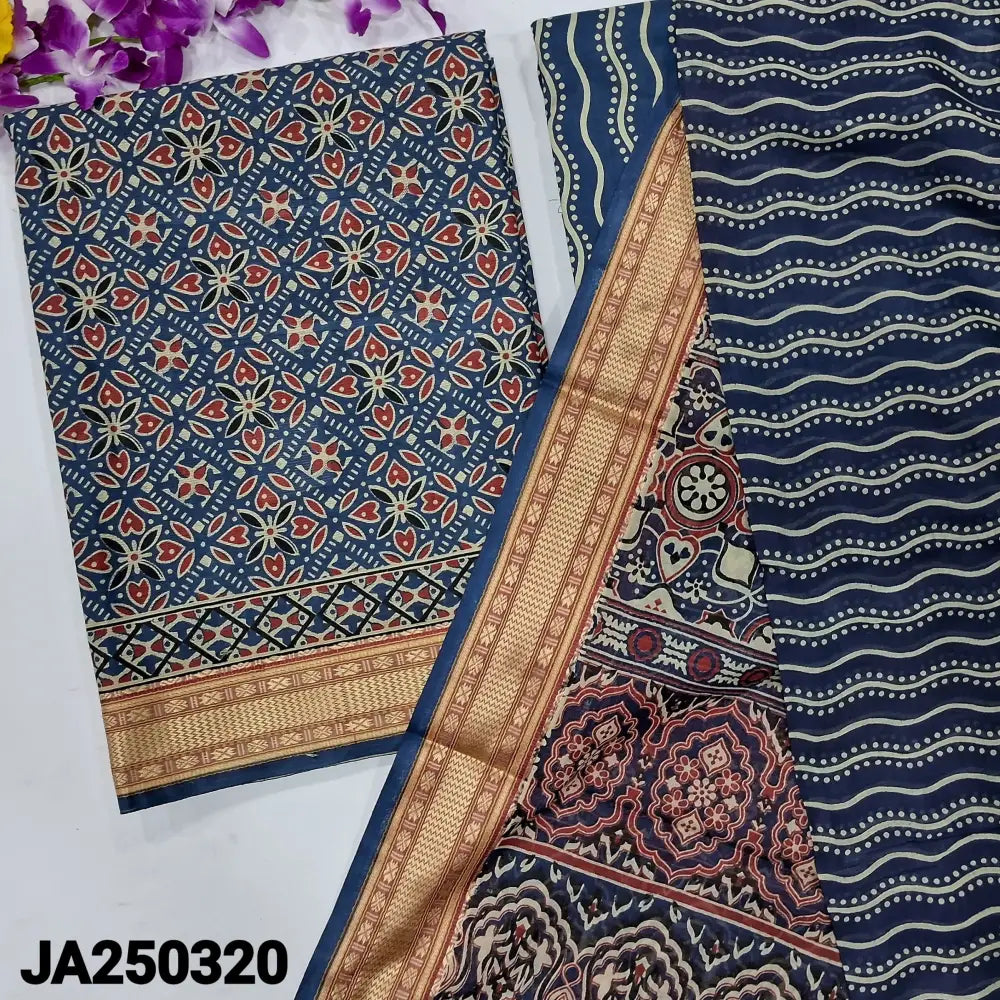 CODE JA250320: Blue printed pure cotton unstitched salwar material(lining needed)printed cotton bottom printed pure