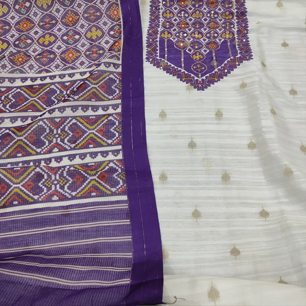 CODE JA250401: Half white digital printed premiums silk cotton unstitched salwar material self weaving& zari buttas all