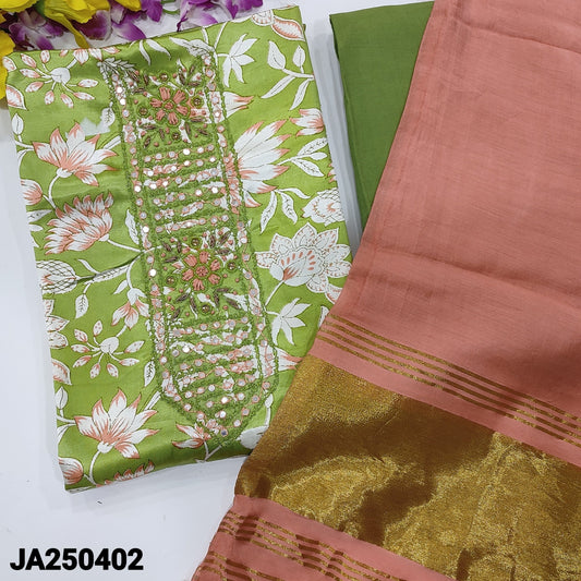 CODE JA250402: Light tender leaf green gajji silk unstitched salwar material zardozi& faux mirror work on yoke(lining