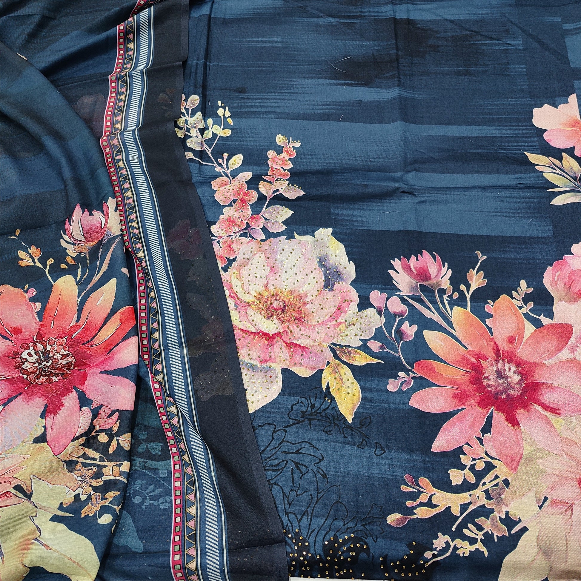 CODE JA250406: Dark blue fancy silk cotton unstitched salwar material(lining needed)matching santoon bottom digital