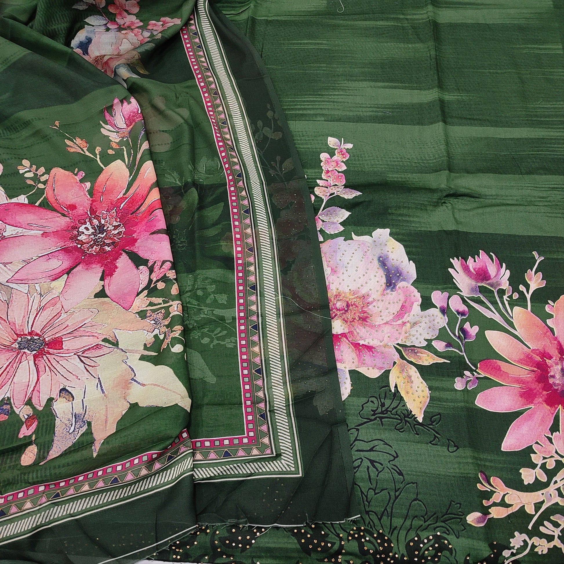 CODE JA250407: Green fancy silk cotton unstitched salwar material(lining needed)matching santoon bottom digital printed