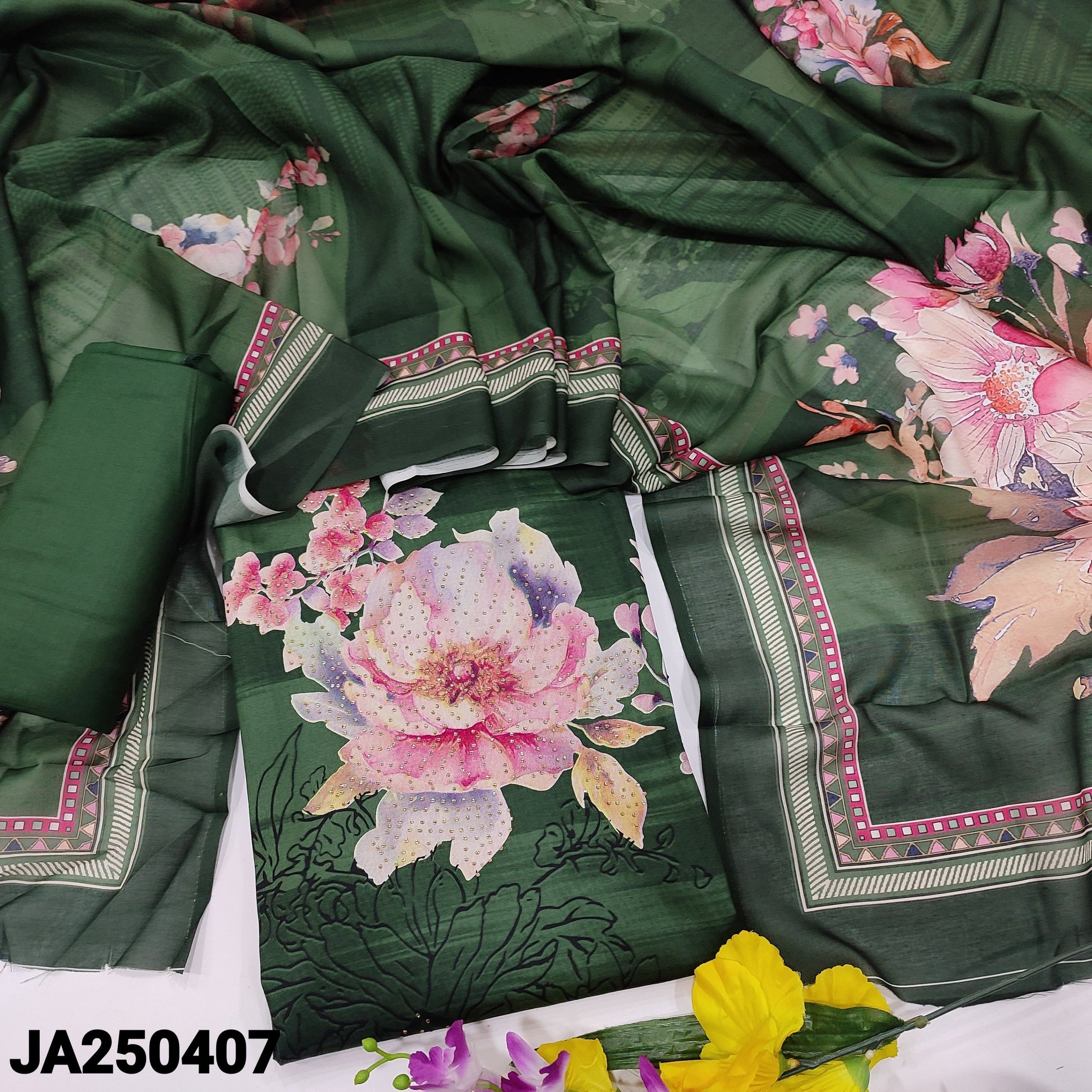 CODE JA250407: Green fancy silk cotton unstitched salwar material(lining needed)matching santoon bottom digital printed